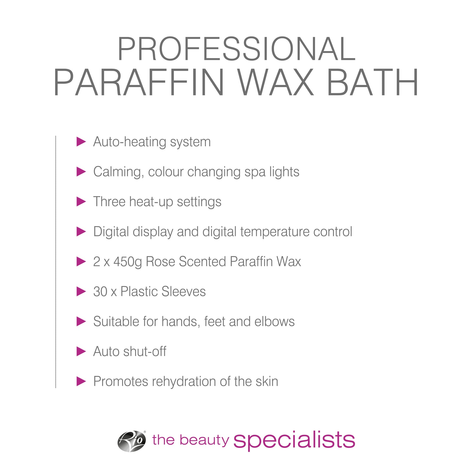 The Rio Paraffin Wax Heater features auto-heating, adjustable heat, digital display, spa lights, rose-scented wax, comfort sleeves, auto shut-off, and enhanced skin hydration.
