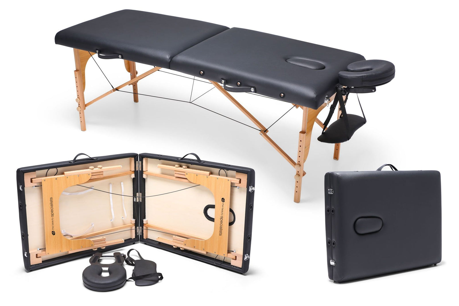 The Rio Professional Ultra-Light Portable Massage Table, shown in black with wooden legs, is set up and folded into its carrying case. Ideal for professional massages, it comes with accessories and a face cradle for enhanced comfort.