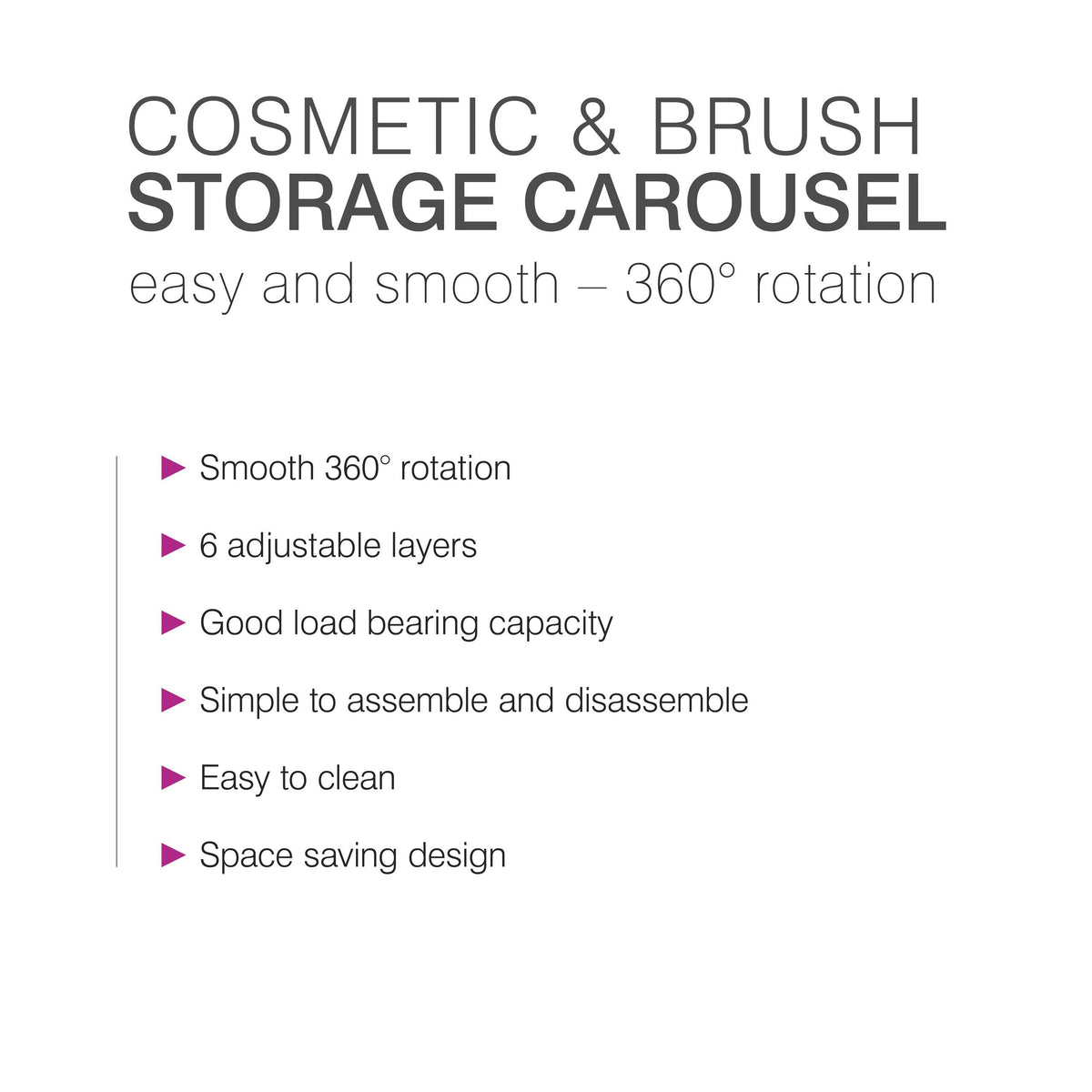 Promotional graphic for the Rio Cosmetic & Brush Storage Carousel, featuring easy 360° rotation, 6 adjustable layers, strong load bearing, simple assembly and cleaning, plus a space-saving design for your beauty essentials.