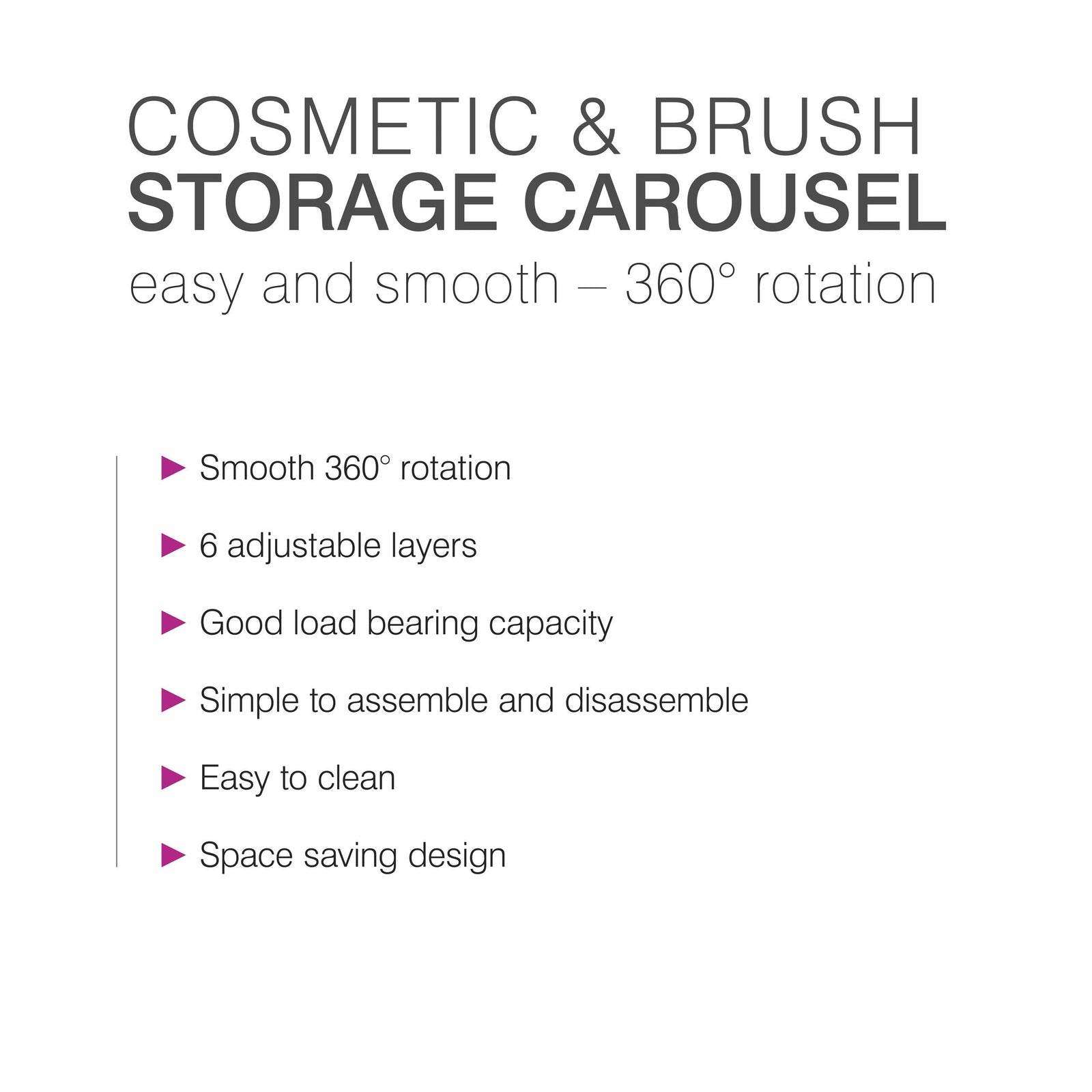 Promotional graphic for the Rio Cosmetic & Brush Storage Carousel, featuring easy 360° rotation, 6 adjustable layers, strong load bearing, simple assembly and cleaning, plus a space-saving design for your beauty essentials.
