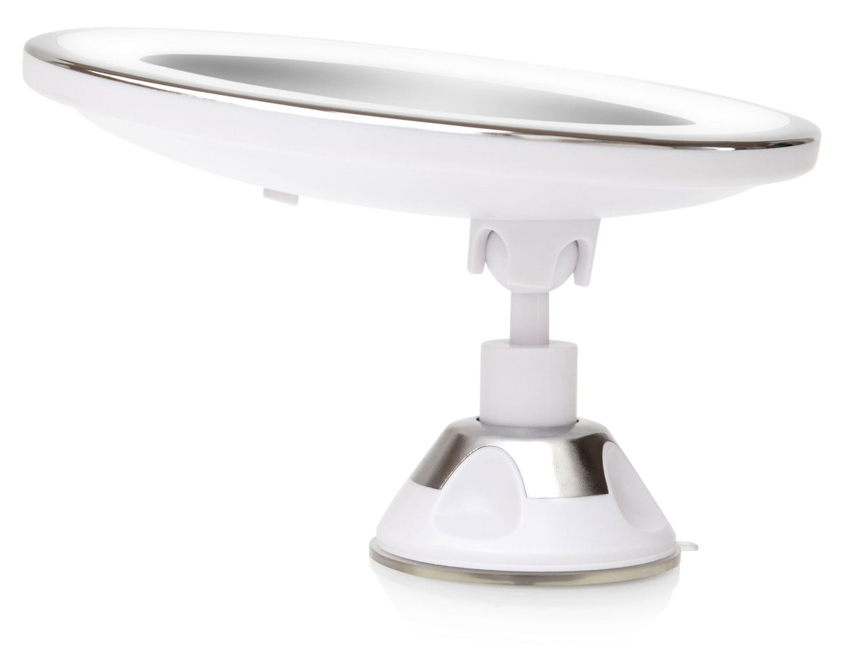 Multi use LED illuminated make up mirror with suction cup base and mirror tilted back
