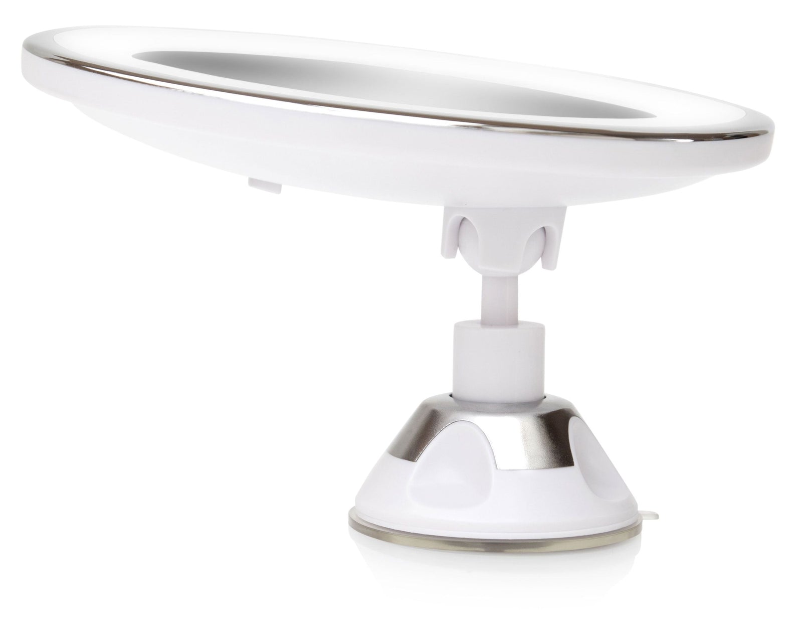 Multi use LED illuminated make up mirror with suction cup base and mirror tilted back
