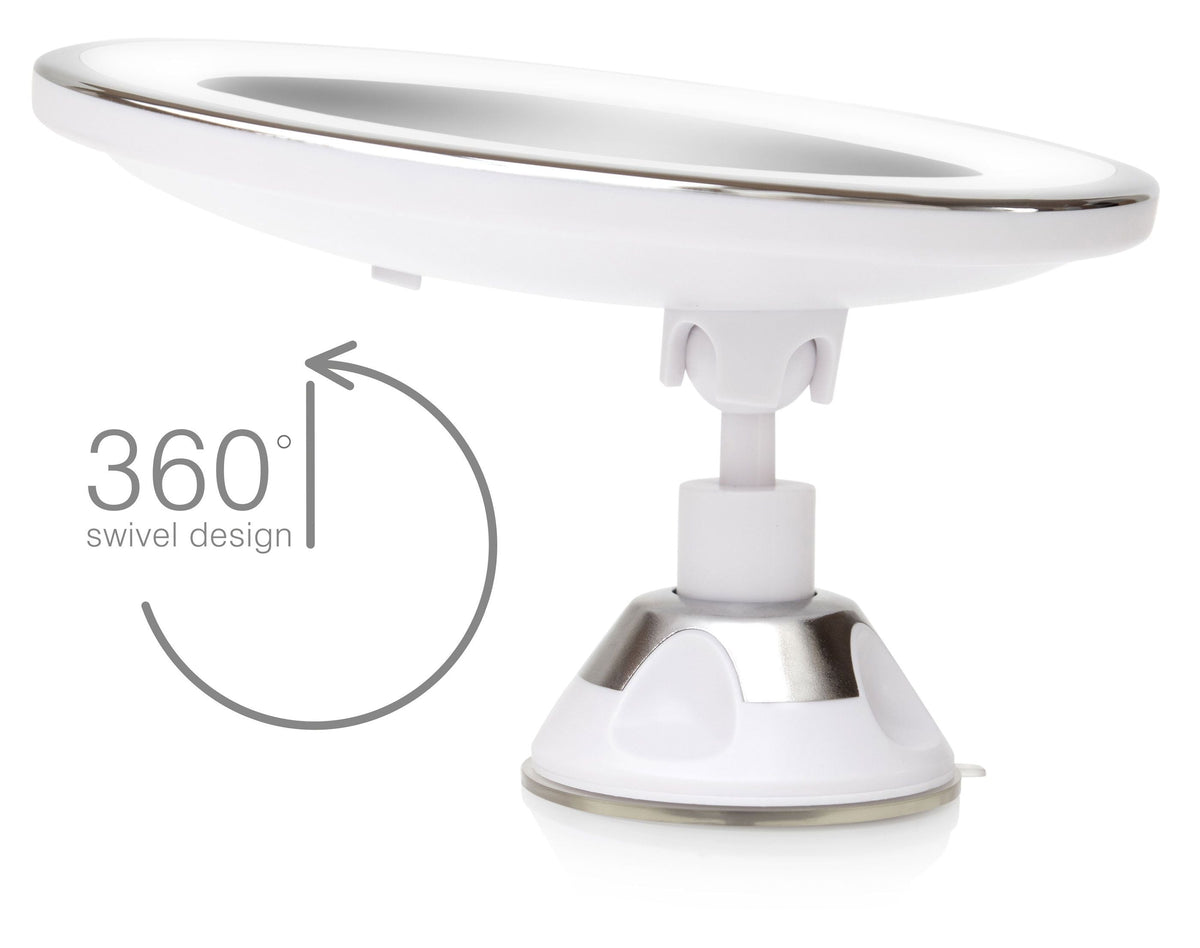 Multi use LED illuminated make up mirror with suction cup base and mirror tilted back captioned 360 degree swivel design