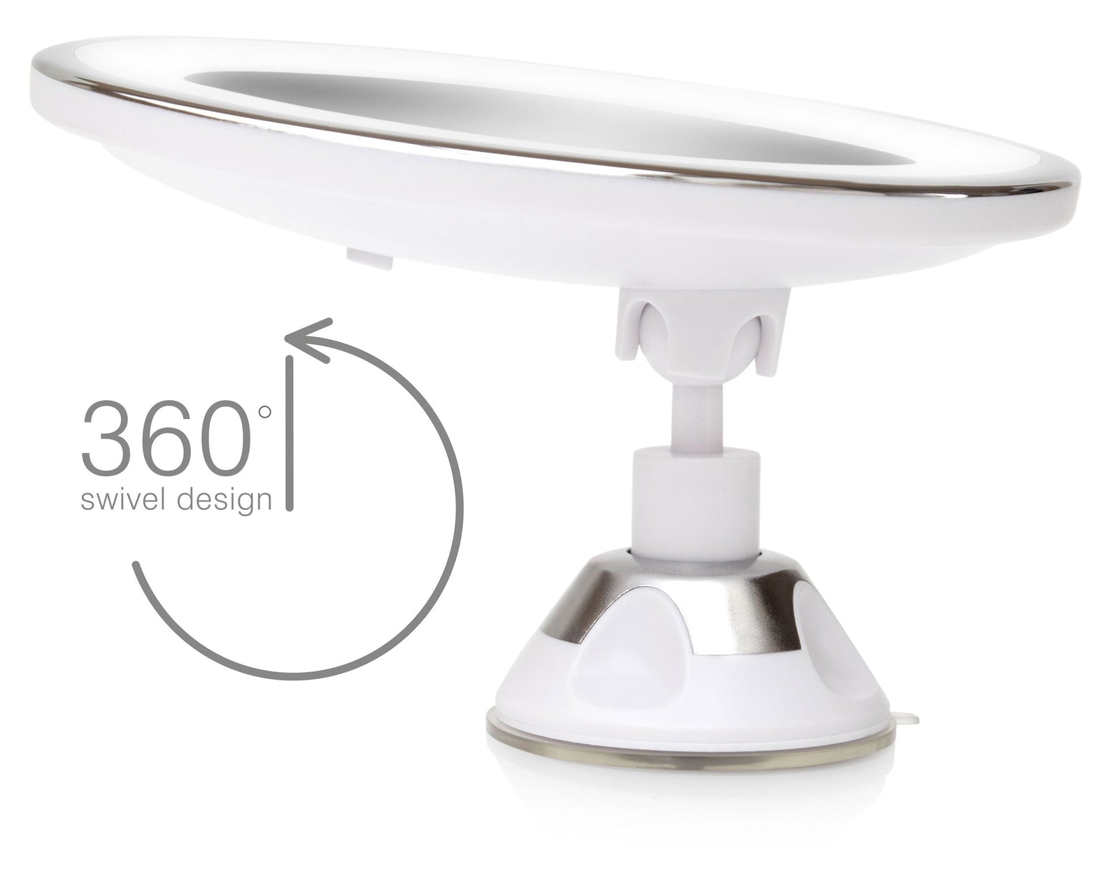 Multi use LED illuminated make up mirror with suction cup base and mirror tilted back captioned 360 degree swivel design