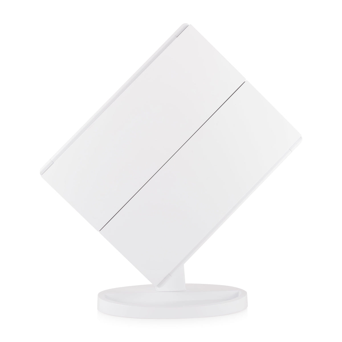 Full size LED make up mirror with trifold doors closed and tilted sideways at 45 degree angle 