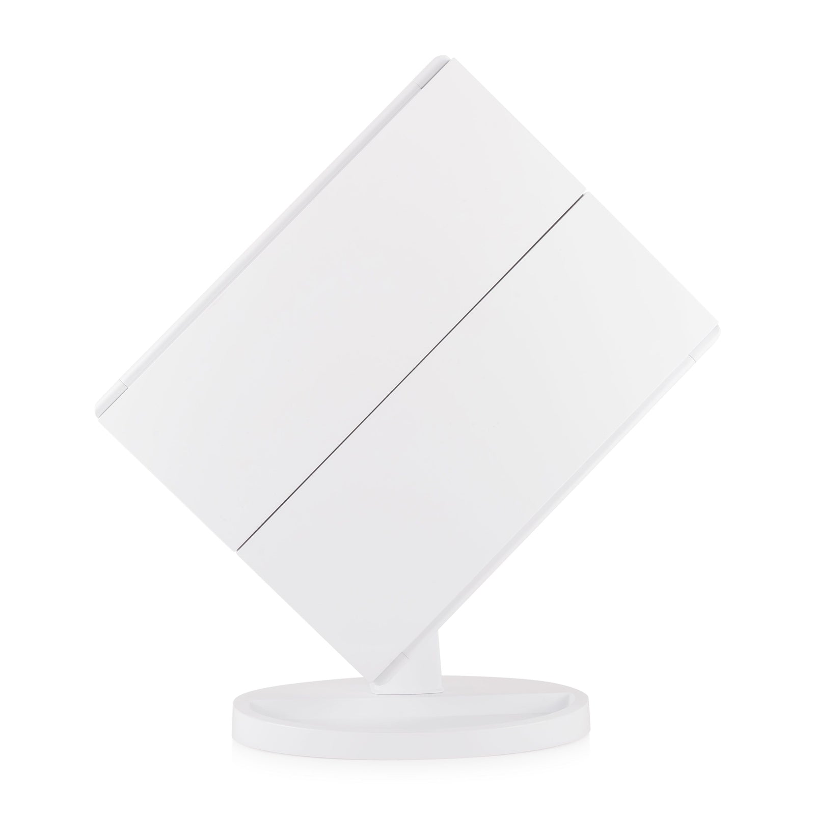 Full size LED make up mirror with trifold doors closed and tilted sideways at 45 degree angle 