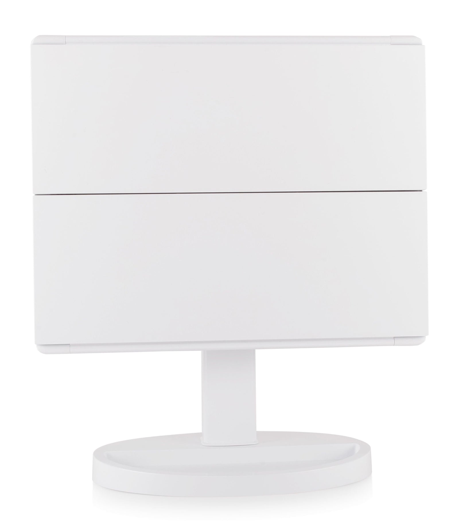 Full size LED make up mirror with trifold doors closed and tilted sideways at 90 degree angle 