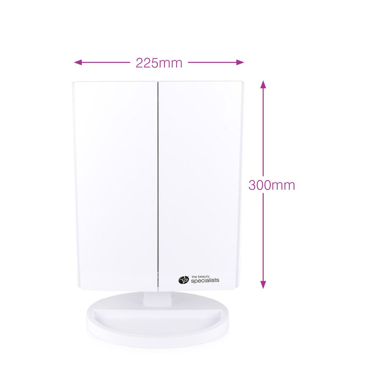 Full size LED make up mirror 1x 3x 5x 10x magnification with tri fold doors closed and arrows labelling height 300mm and width 225mm