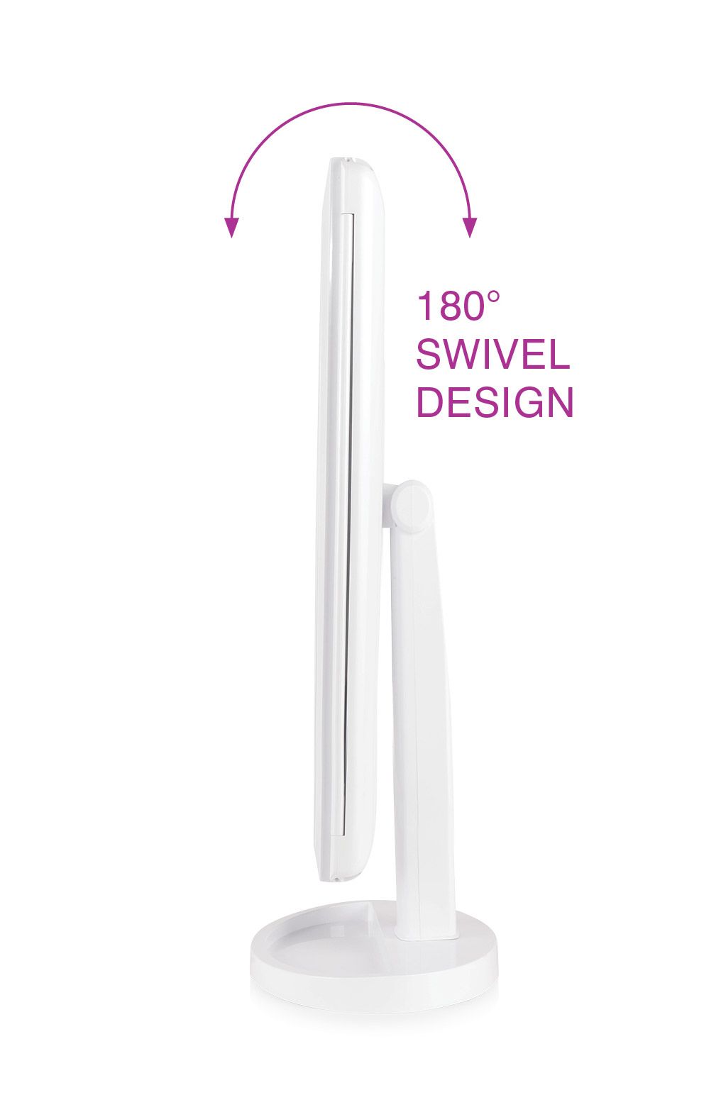 side view of Full size LED make up mirror 1x 3x 5x 10x magnification with arrow showing 180 degree swivel design 