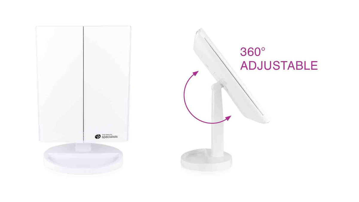 Full size LED make up mirror with trifold doors closed alongside side view of mirror tilted back with arrow showing 360 degree adjustable design 