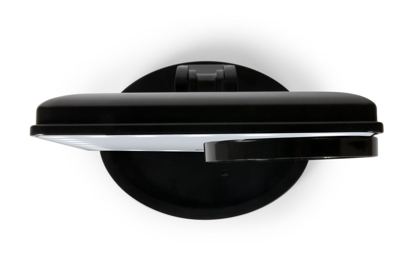 birds eye view of 24 LED touch dimmable make up mirror with LED light illuminated and compact 10x magnification mirror attached