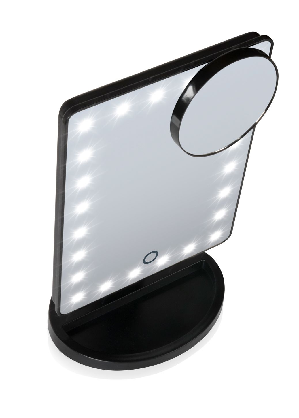 angled view of 24 LED touch dimmable make up mirror with LED light illuminated and compact 10x magnification mirror attached
