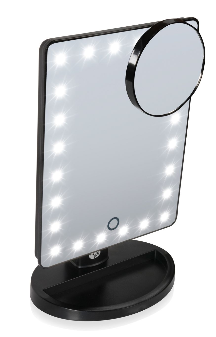 angled view of 24 LED touch dimmable make up mirror with LED light illuminated and compact 10x magnification mirror attached