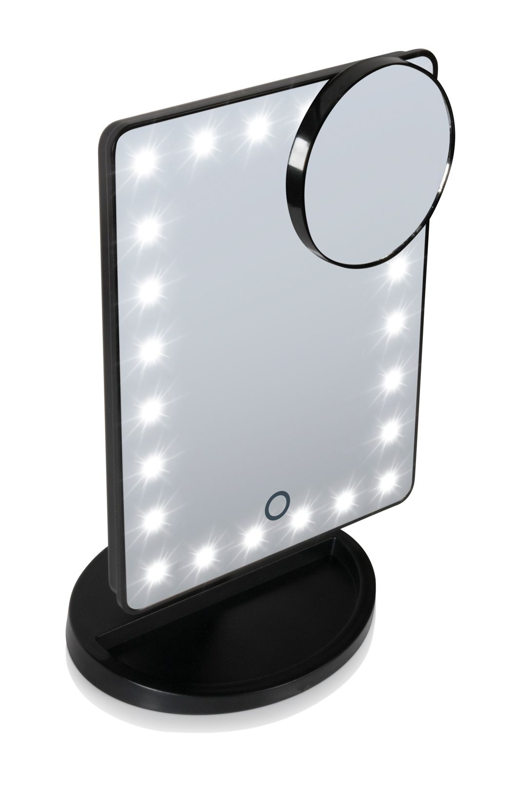 angled view of 24 LED touch dimmable make up mirror with LED light illuminated and compact 10x magnification mirror attached