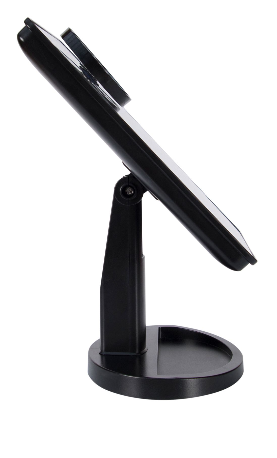 side view of 24 LED touch dimmable make up mirror tiled back at an angle 