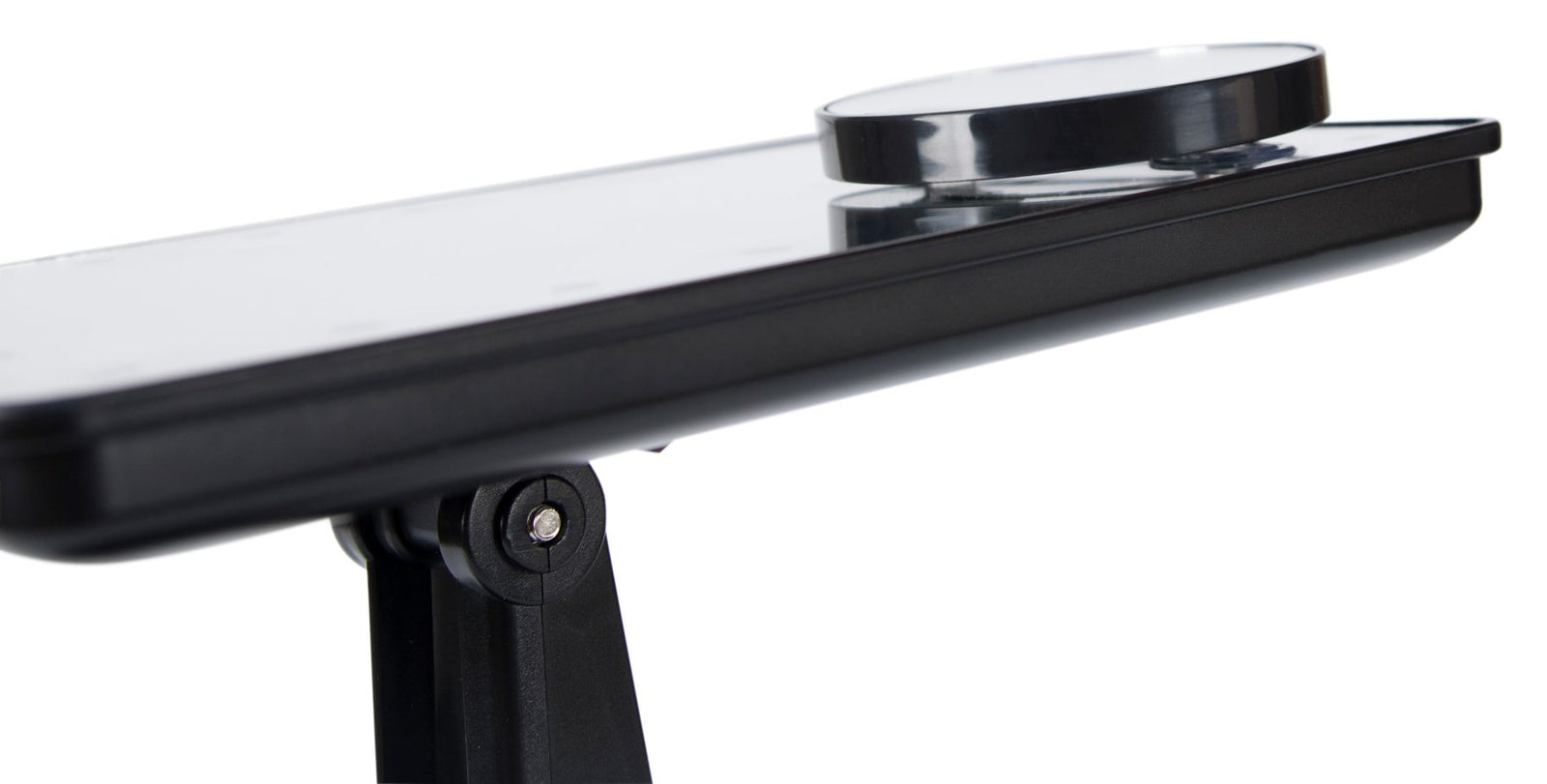 24 LED touch dimmable make up mirror tilted backwards with compact 10x magnification mirror attached with suction pads