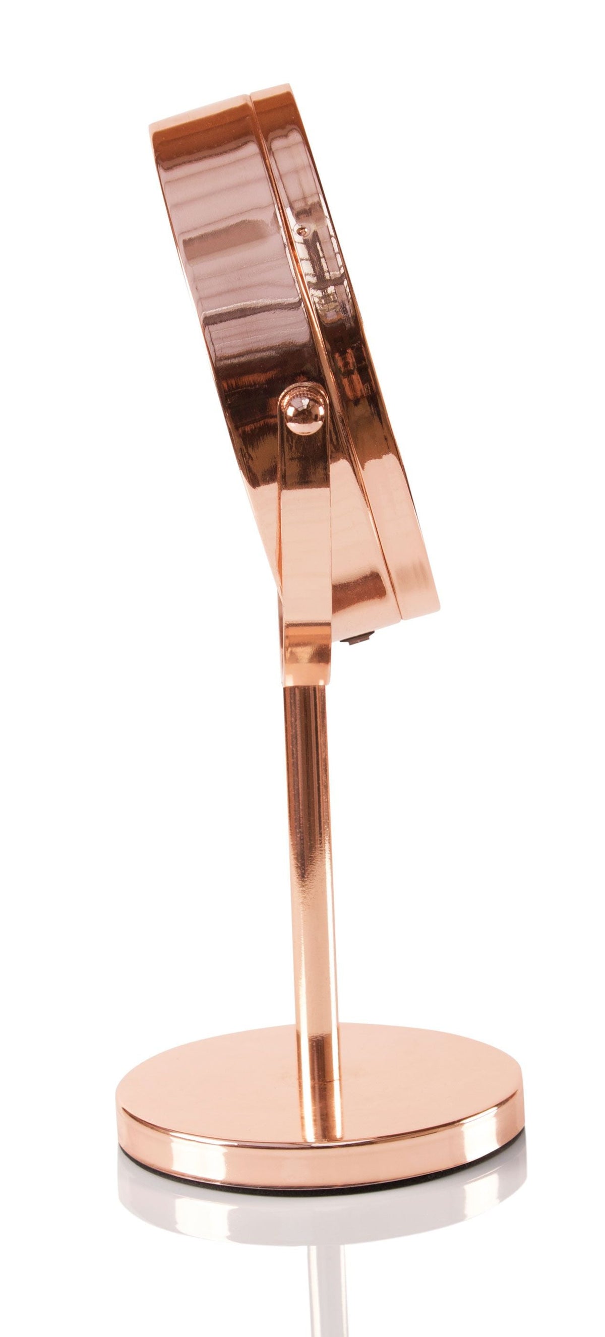 side view of rose gold double sided cosmetic led mirror tilted back slightly 