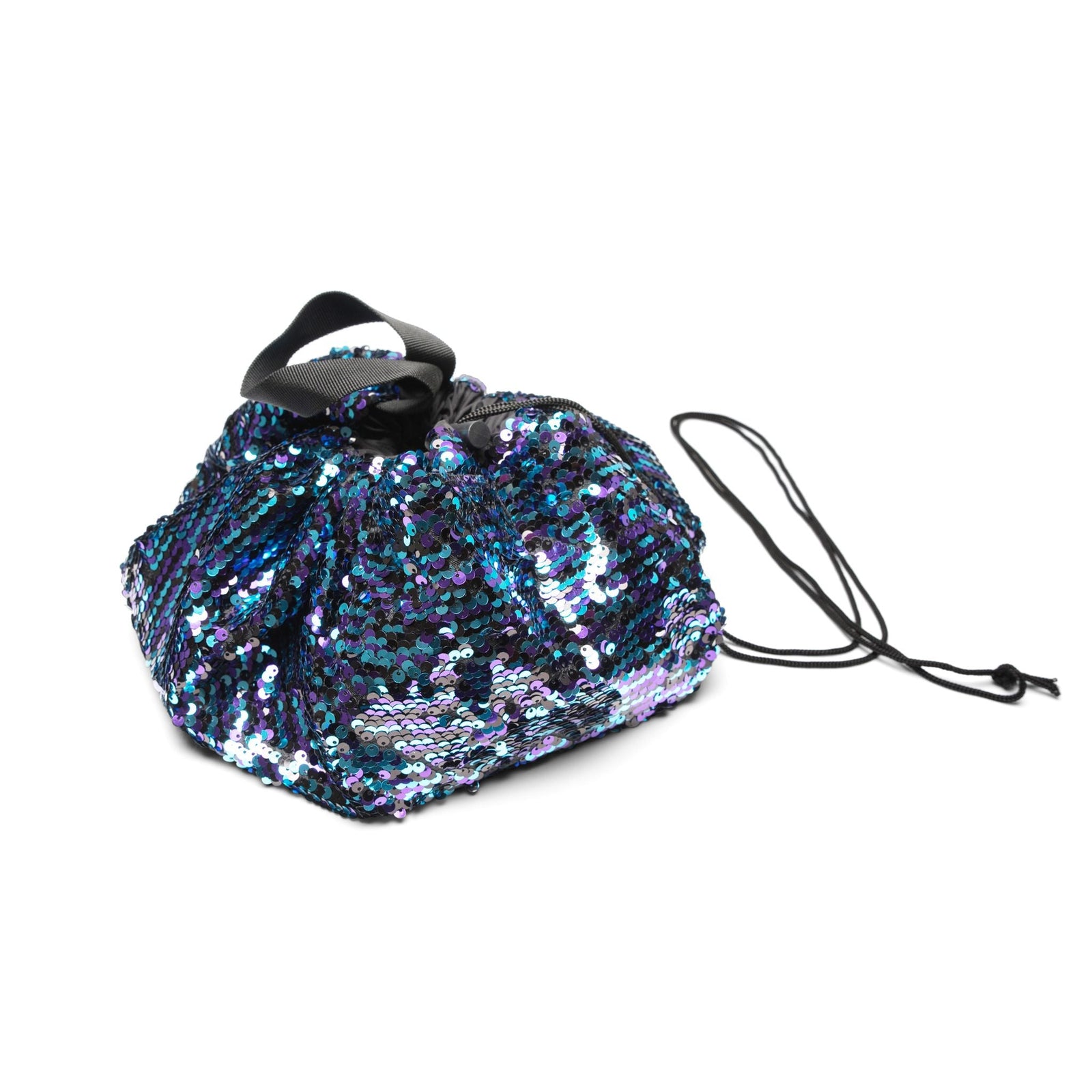 The Rio Pack-Pull-Go Beauty Essentials Bag is a small drawstring pouch with shiny multi-colored sequins, black handles, and a black string closure—your perfect travel partner, shown here on a white background.