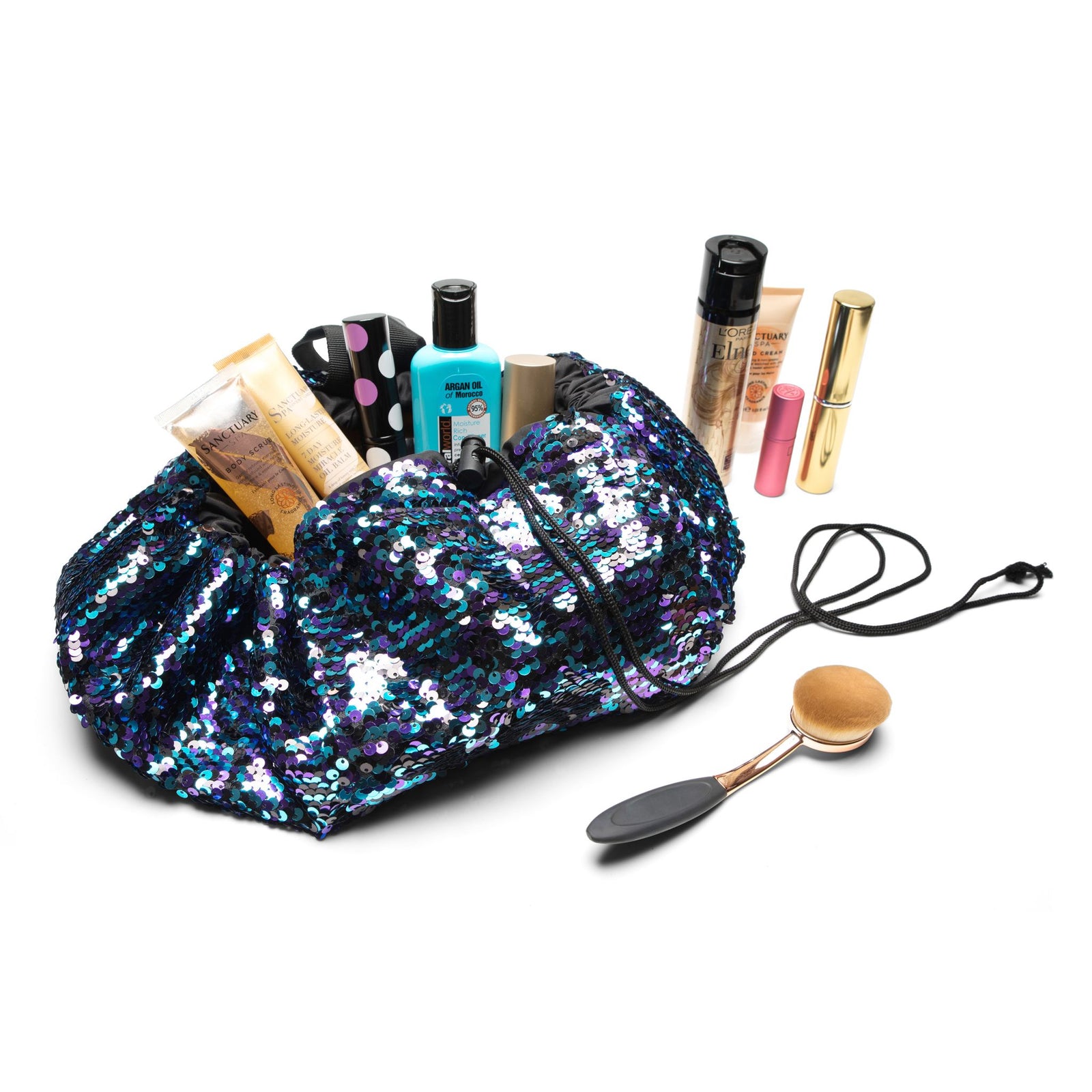 The Rio Pack-Pull-Go Beauty Essentials Bag, featuring foundation, lipstick, mascara, cream tubes, and a makeup brush in a chic sequined pouch, is the perfect travel companion for all your beauty needs.