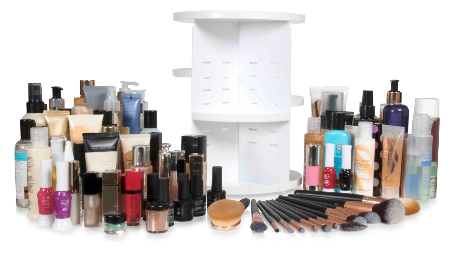 The Rio Cosmetic & Brush Storage Carousel is surrounded by bottles, tubes, nail polishes, brushes, and cosmetic containers on a white background for easy access and stylish beauty storage.