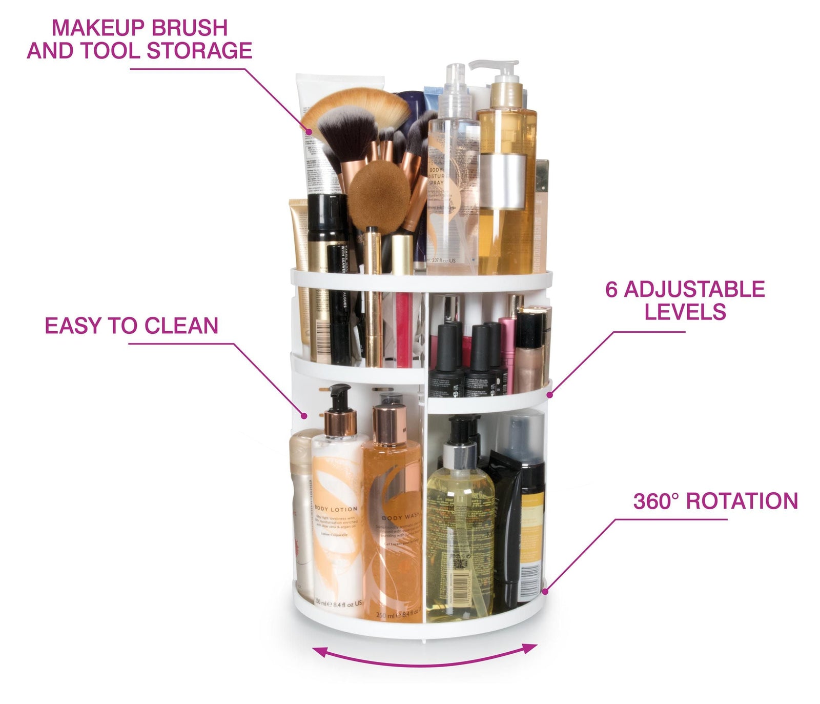 The Rio Cosmetic & Brush Storage Carousel is a white rotating organizer with 6 adjustable levels, easy-clean surfaces, and labeled sections for brushes, tools, skincare, and bottles—offering 360° rotation and convenient access to all your beauty essentials.