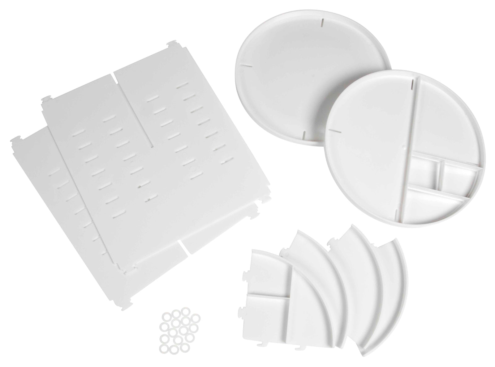 The Rio Cosmetic & Brush Storage Carousel includes two round sectioned plates, four curved dividers, a slotted rectangular piece, and small rings—perfect as a white plastic organizer for tidy and easy access to all your beauty essentials.