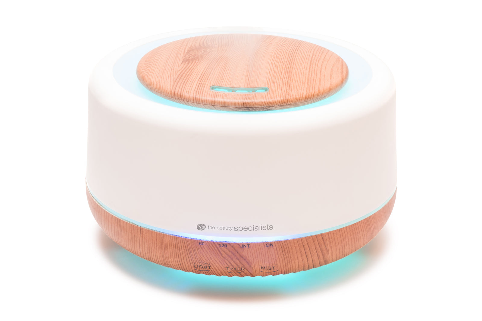 The Rio ALORA Aroma Diffuser is a round, modern device with a white and wood-grain look. It functions as a humidifier and night-light, featuring front buttons and indicator lights to enhance your space with soothing scents and balanced moisture.