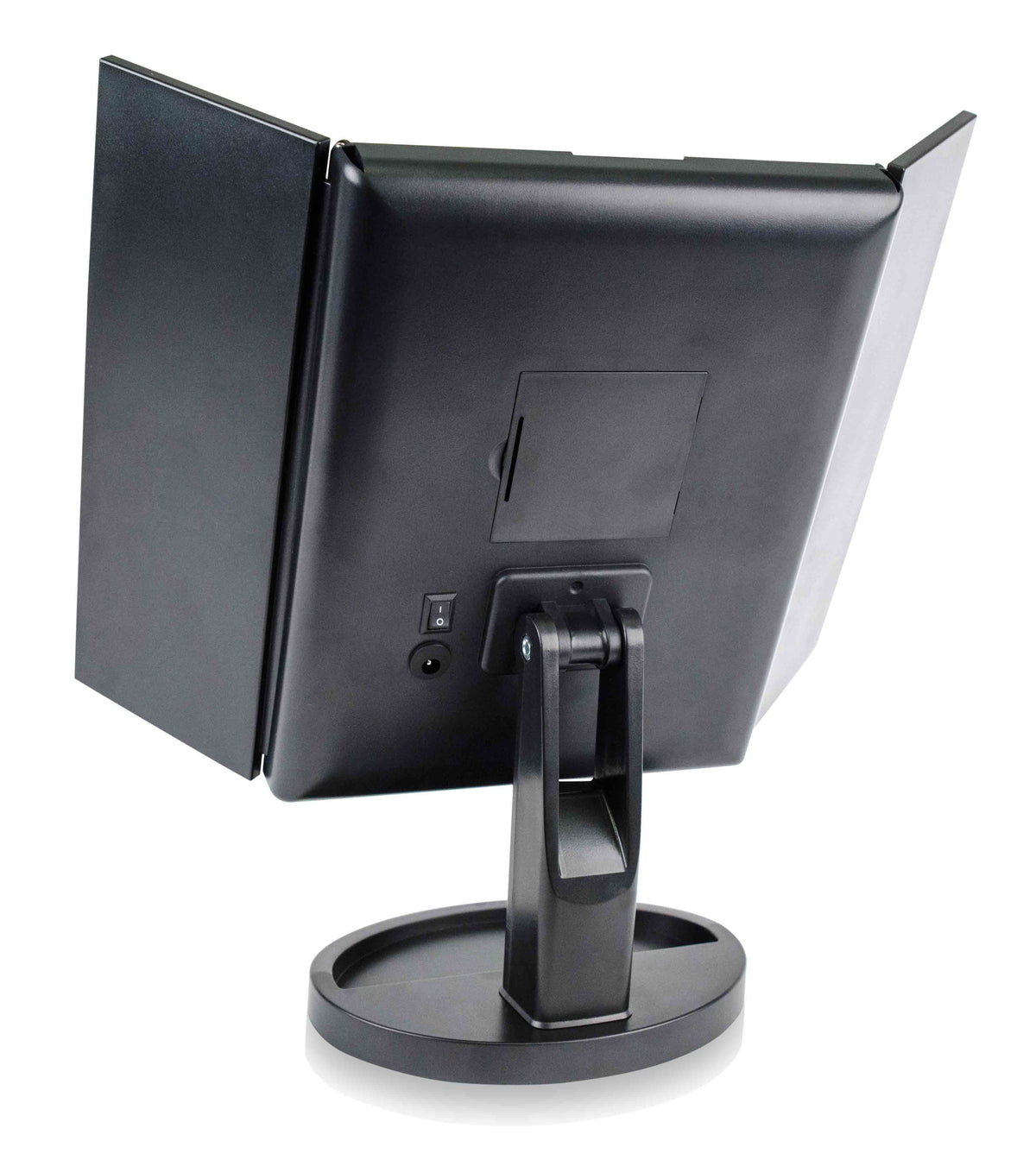 rear view of 24 LED touch dimmable 3 way make up mirror with 2x and 3x magnification with battery pack cable port and on off switch visable