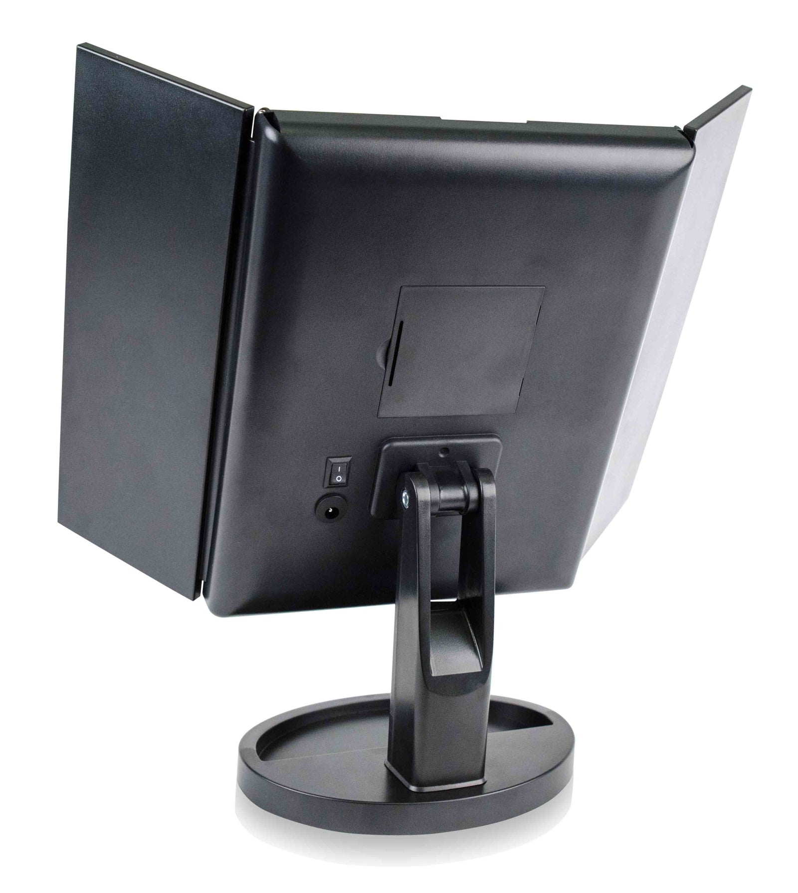 rear view of 24 LED touch dimmable 3 way make up mirror with 2x and 3x magnification with battery pack cable port and on off switch visable