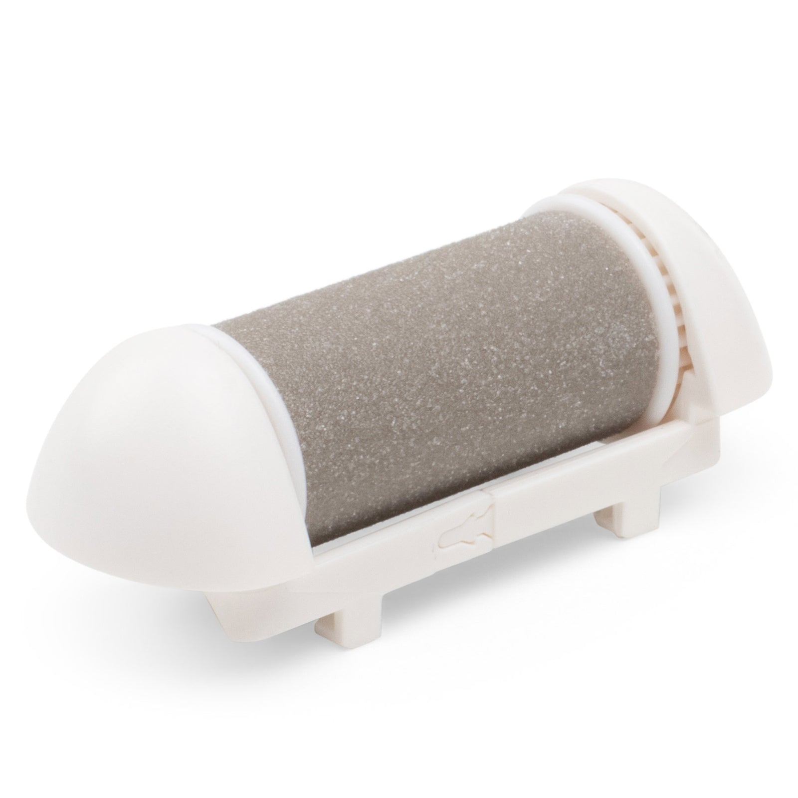 A close-up of a Rio Replacement Gentle Roller for the Go Smooth 60 Second Pedi, featuring a gray abrasive surface and white plastic ends.