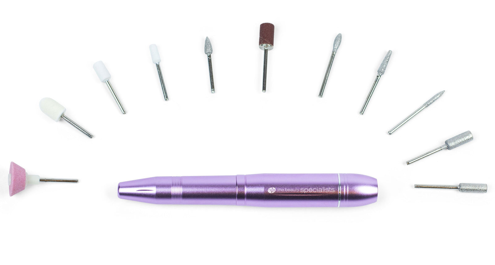 professional electric nail file with various drill head attachments laid out around the hand piece